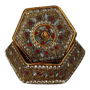 Vintage Jeweled Enameled TRINKET BOX & LID 3.5" Hexagon Jewelry Ring Salt Box